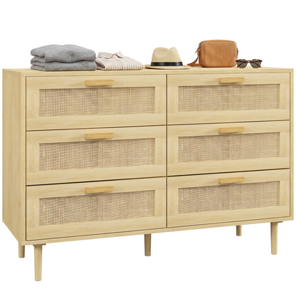 Chest of Drawers, 6 Drawer Dresser, Bohemian Storage Cabinet with Rattan Element for Bedroom, Living Room, Oak