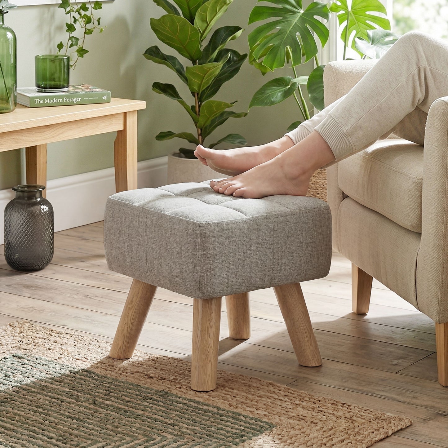 Modern Footstool, Fabric Foot Rest with Rubber Wood Legs, Brown