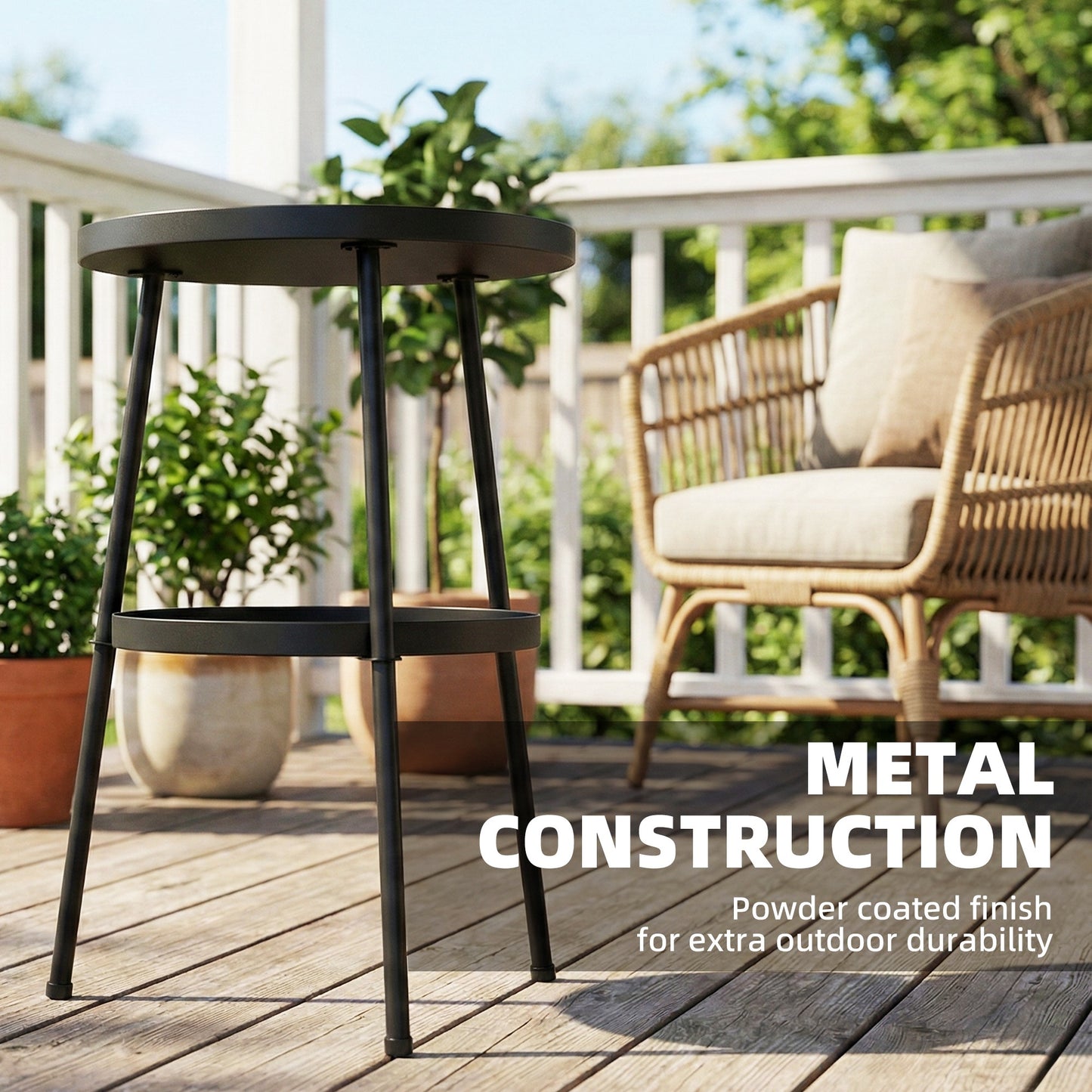 Patio Side Table, 2-Tier Round Coffee End Table, Black