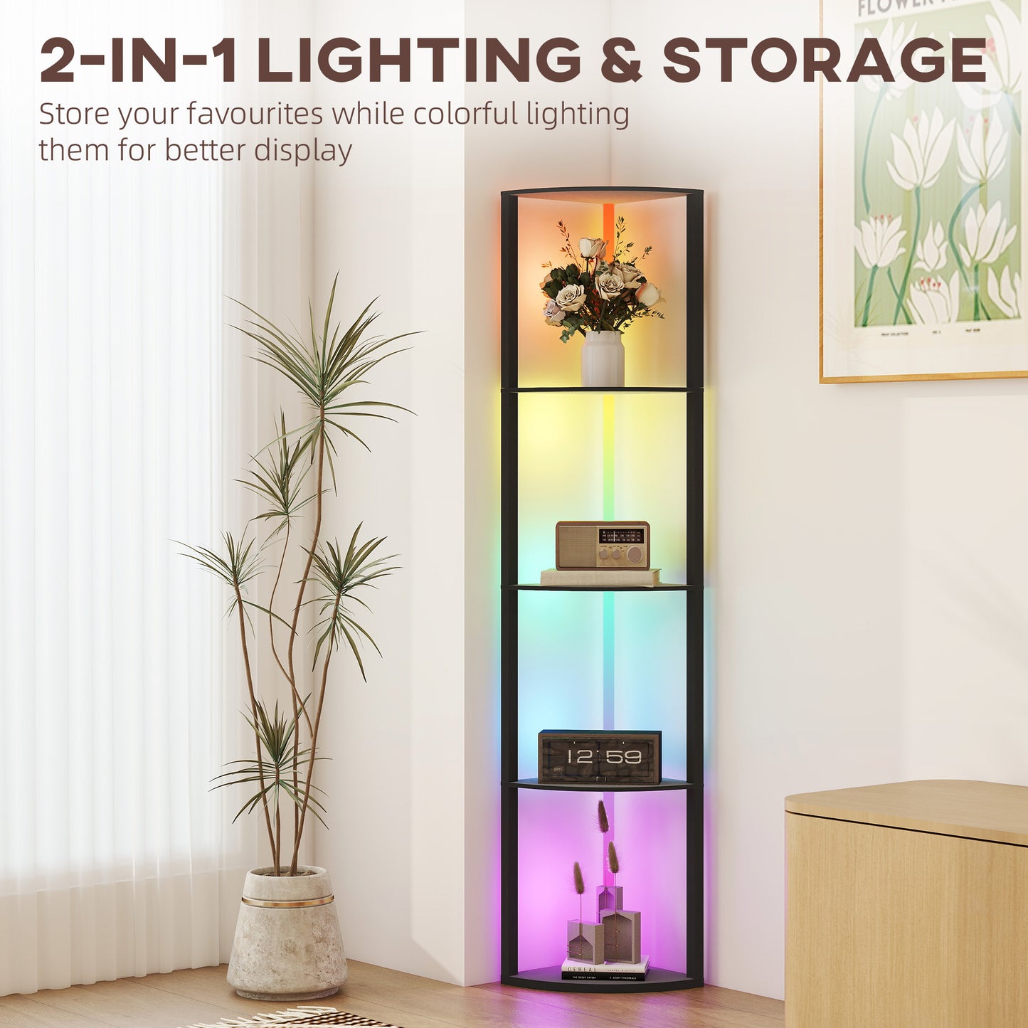 RGB LED Floor Lamp with Shelves and Remote Control for Living Room