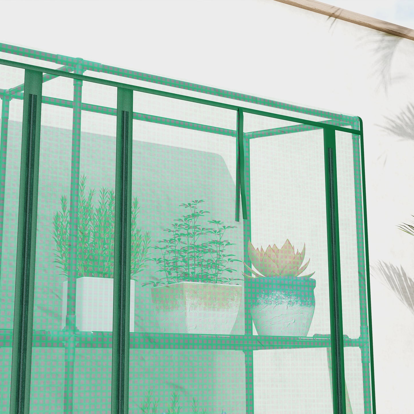 3 Tier Lean-to Mini Greenhouse with Reinforced PE Cover, Portable Indoor Outdoor Green House with 3 Roll-up Doors and 9 Wire Shelves, 151H x 215W x 46D cm, Green