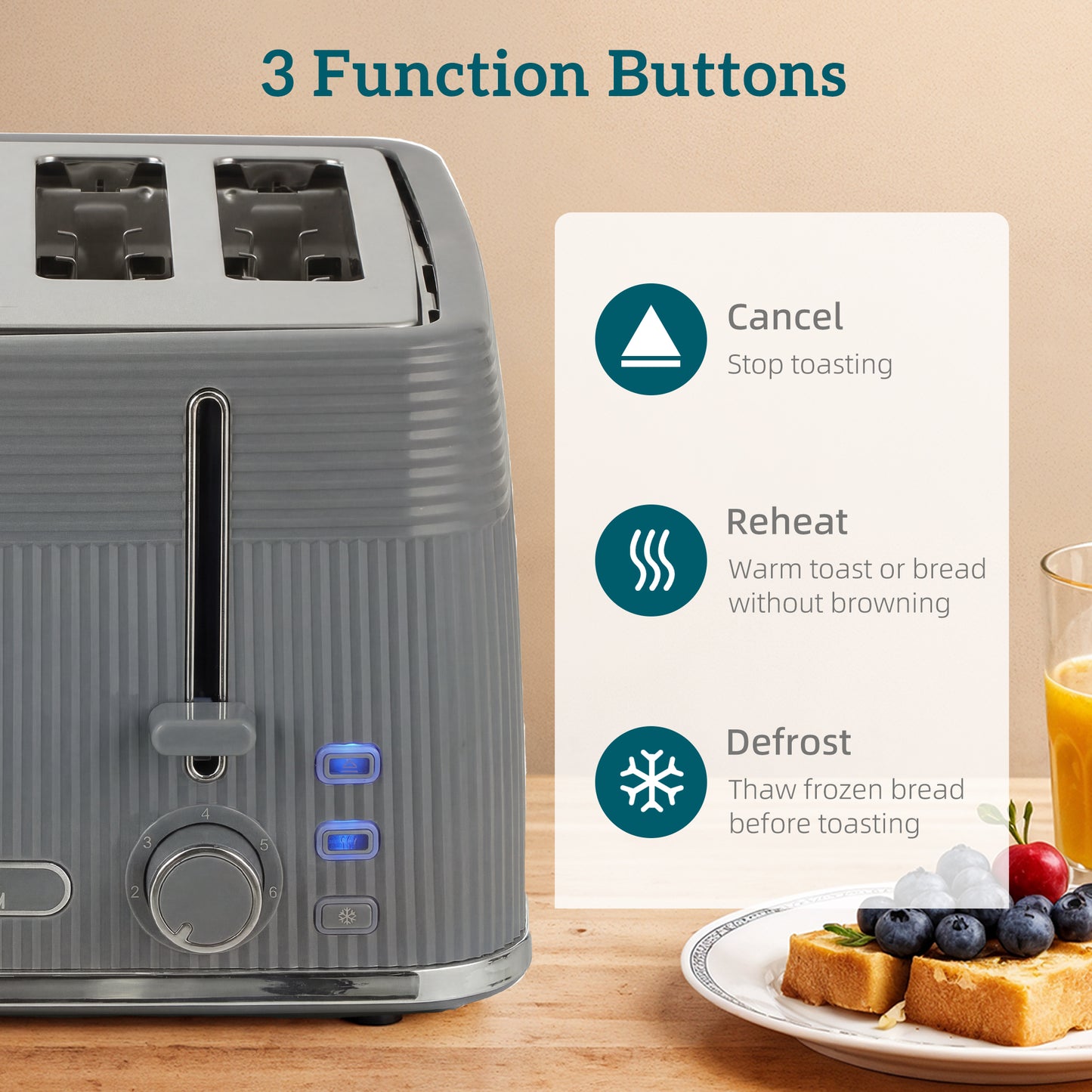 4 Slice Electric Toaster with 7 Browning Levels, 1860W, Grey