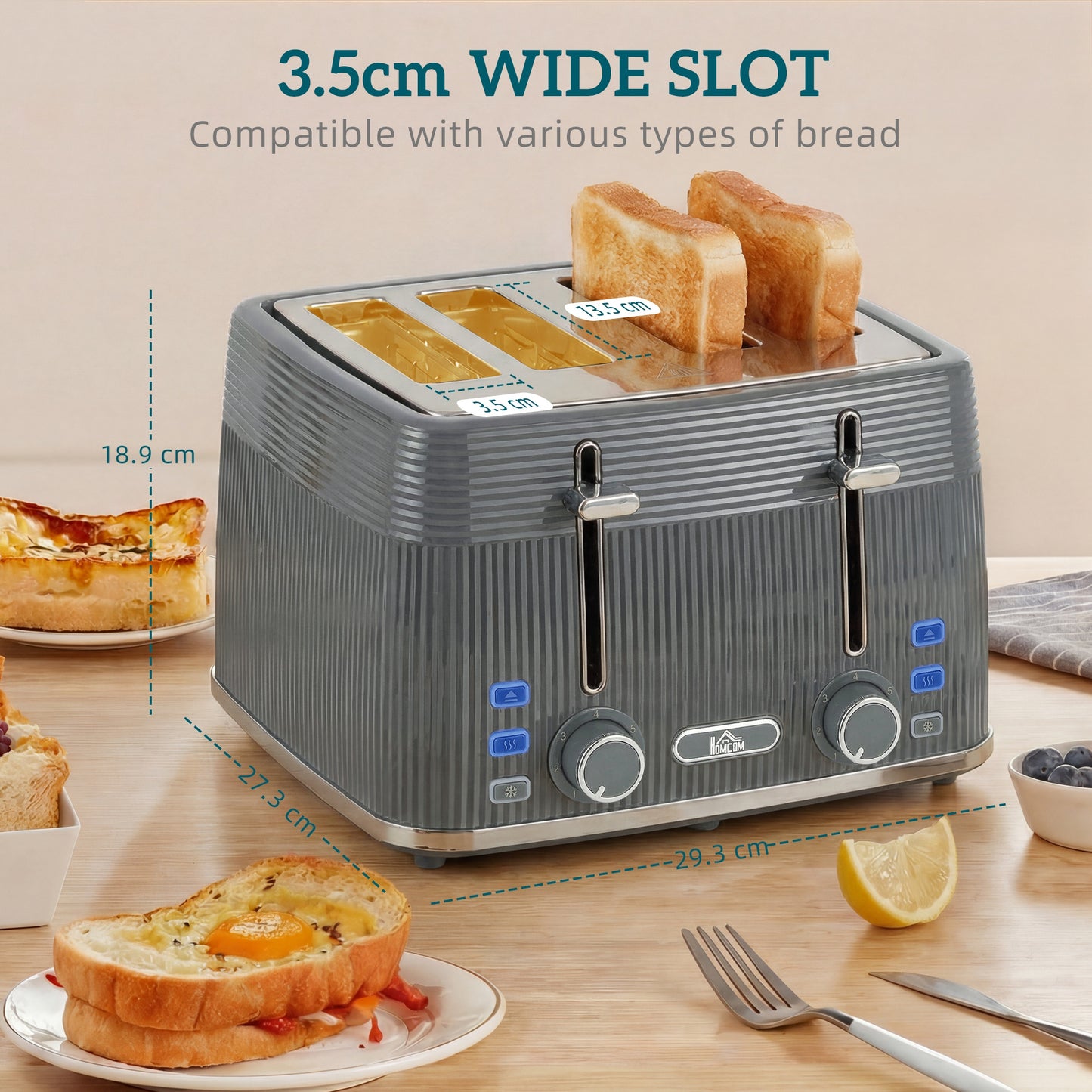 4 Slice Electric Toaster with 7 Browning Levels, 1860W, Grey