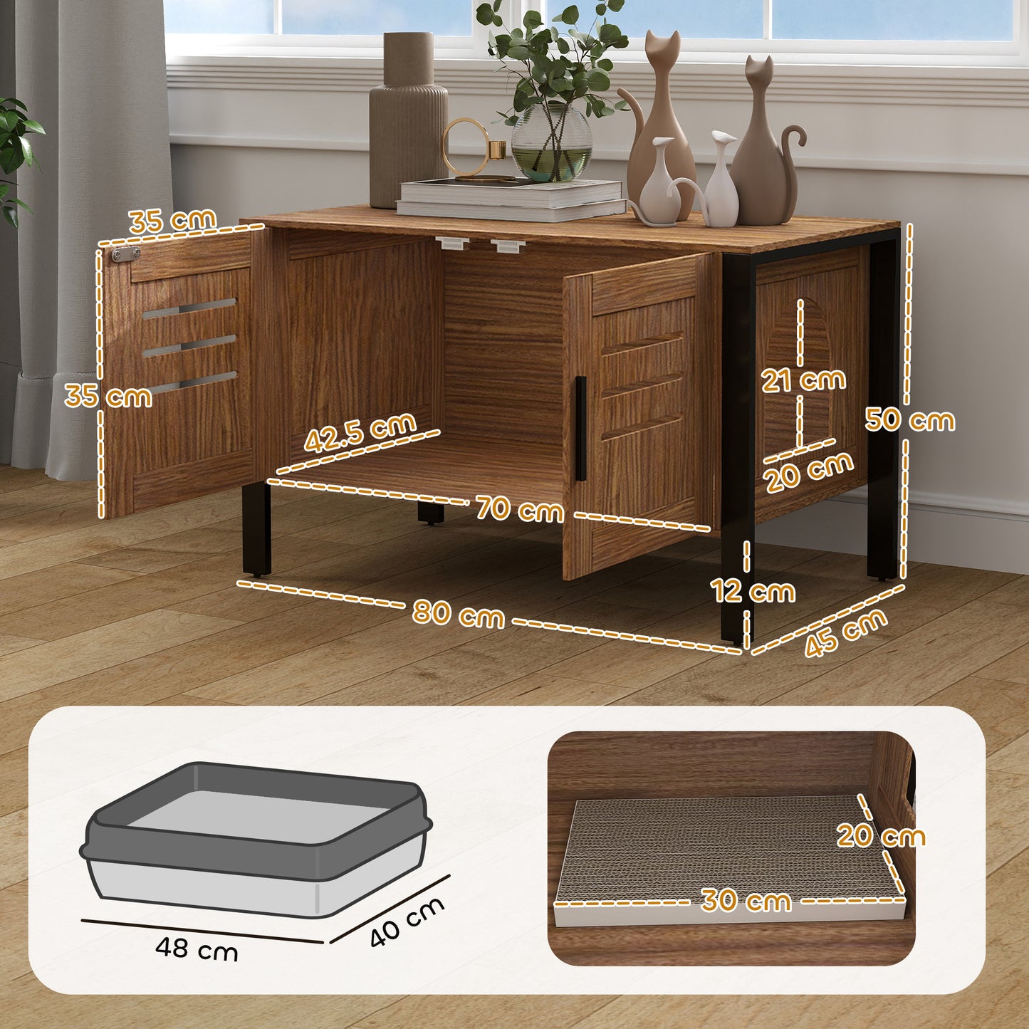 Cat Litter Box Enclosure w/ Tall Legs, Scratching Board, Dark Brown