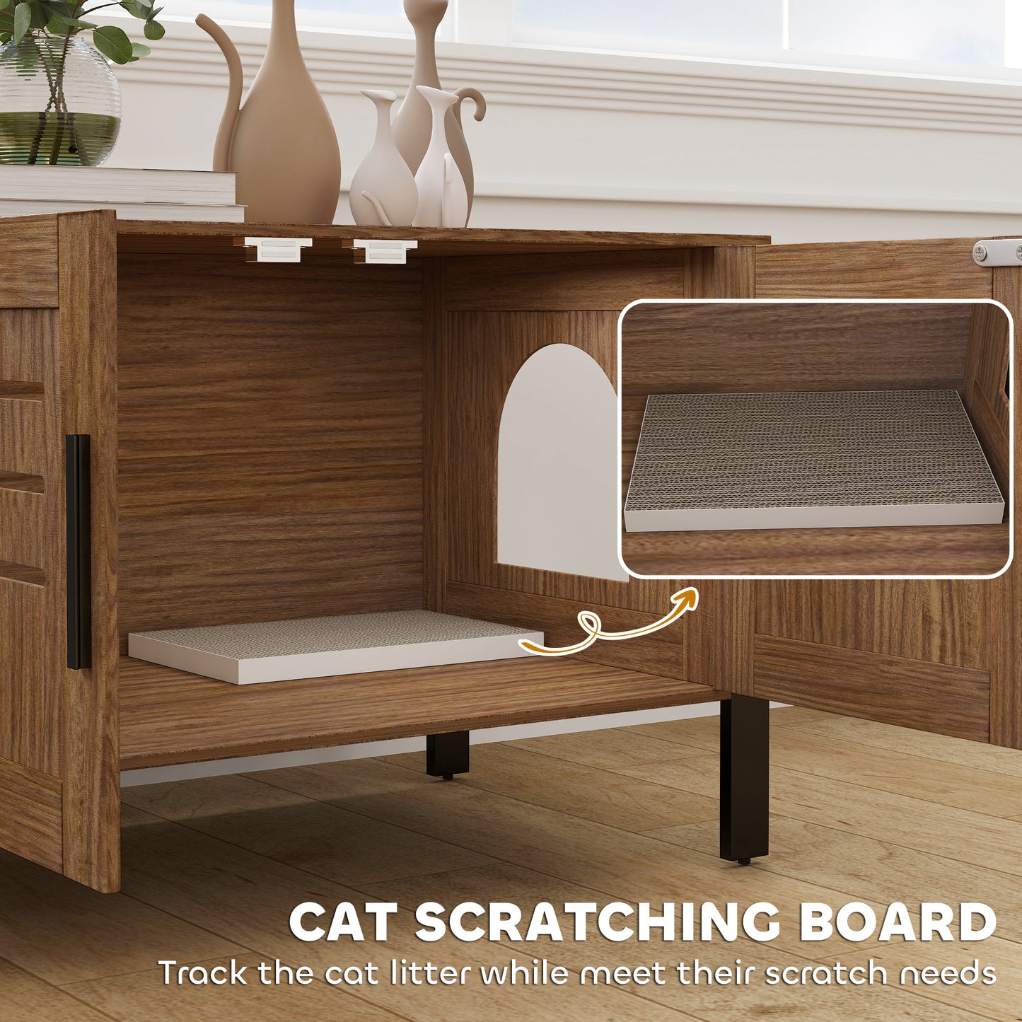 Cat Litter Box Enclosure w/ Tall Legs, Scratching Board, Dark Brown