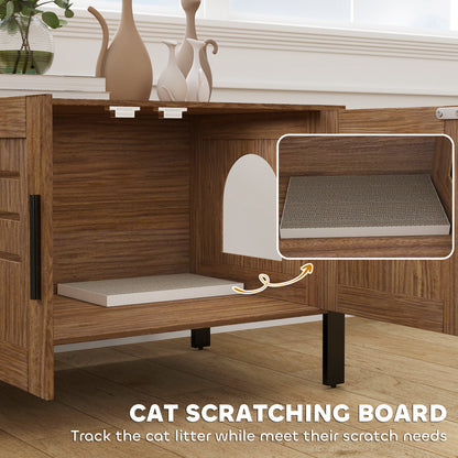 Cat Litter Box Enclosure w/ Tall Legs, Scratching Board, Dark Brown