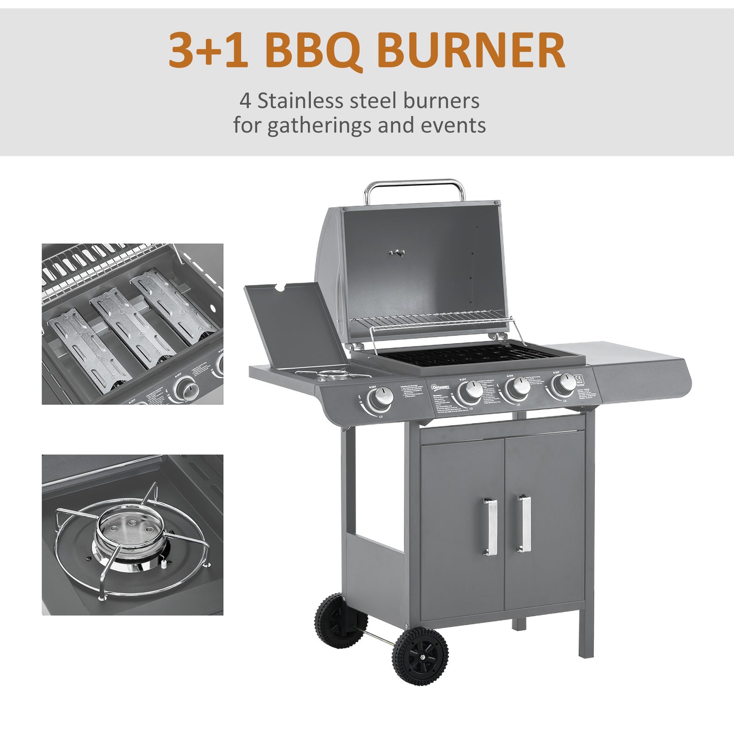 Gas Barbecue Grill 3+1 Burner Garden BBQ w/ Large Cooking Area