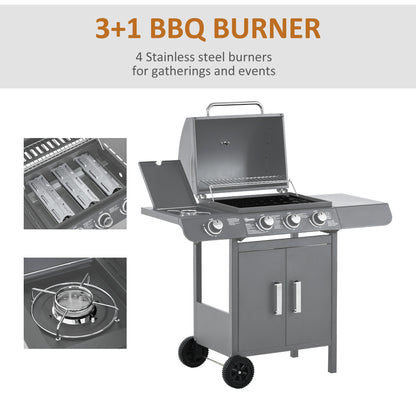 Gas Barbecue Grill 3+1 Burner Garden BBQ w/ Large Cooking Area