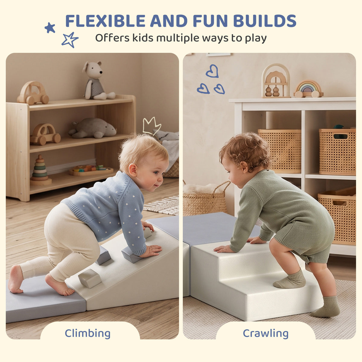 4 Piece Foam Soft Play Climbing Set with Ramp and Steps - Light Grey & Beige