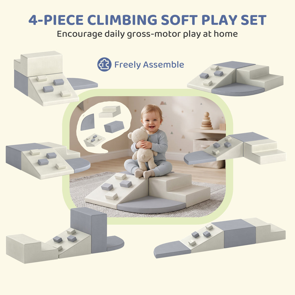 4 Piece Foam Soft Play Climbing Set with Ramp and Steps - Light Grey & Beige