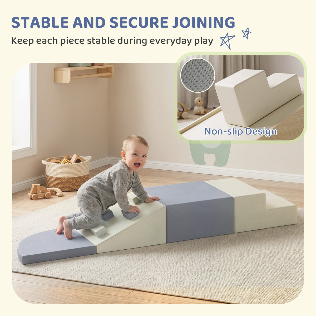 4 Piece Foam Soft Play Climbing Set with Ramp and Steps - Light Grey & Beige