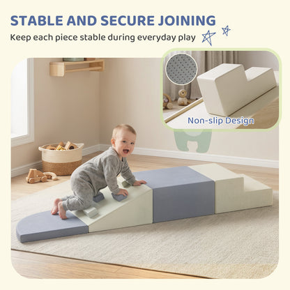 4 Piece Foam Soft Play Climbing Set with Ramp and Steps - Light Grey & Beige