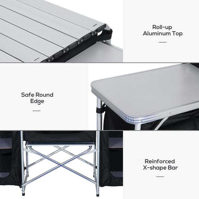 Folding Camping Kitchen Cooking Table With Windscreen, Enclosed Cupboards, Aluminium Frame for BBQ, Party, Picnic