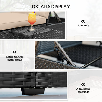 Rattan Sun Lounger, Garden Recliner w/ 5-Level Back, Cushion, Black