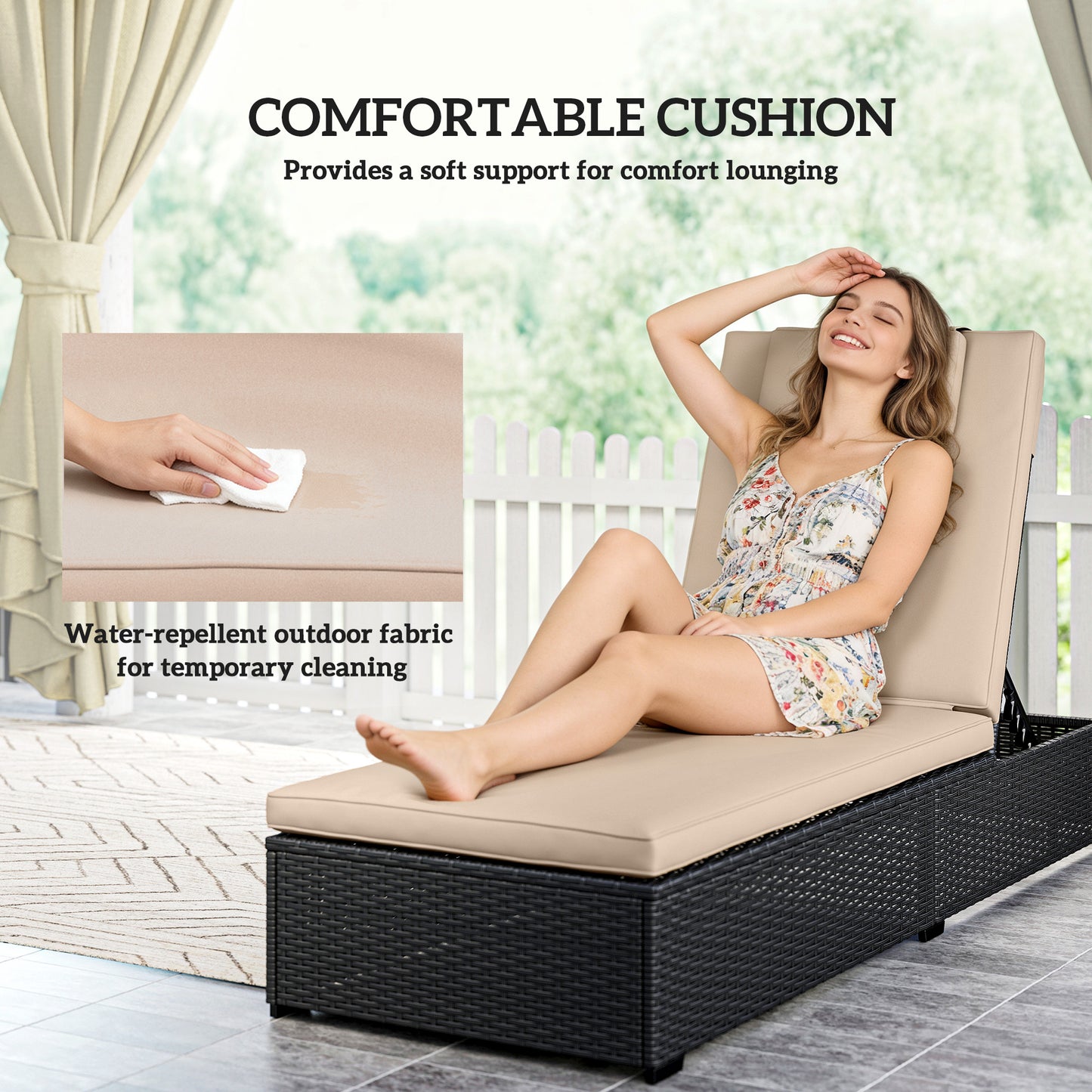 Rattan Sun Lounger, Garden Recliner w/ 5-Level Back, Cushion, Black