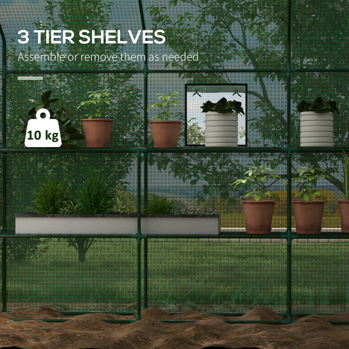 Walk-in Greenhouse w/ 3 Tier Shelves, Green House Garden Grow House w/ PE Cover, Roll-up Door, Mesh Windows, 140 x 213 x 190cm, Green