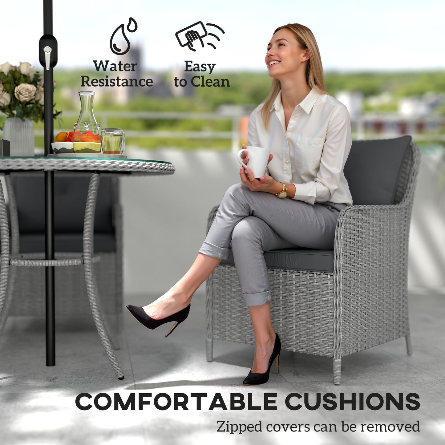 Luxury Rattan Garden Dining Set W/ Parasol, Cushions, Light Grey