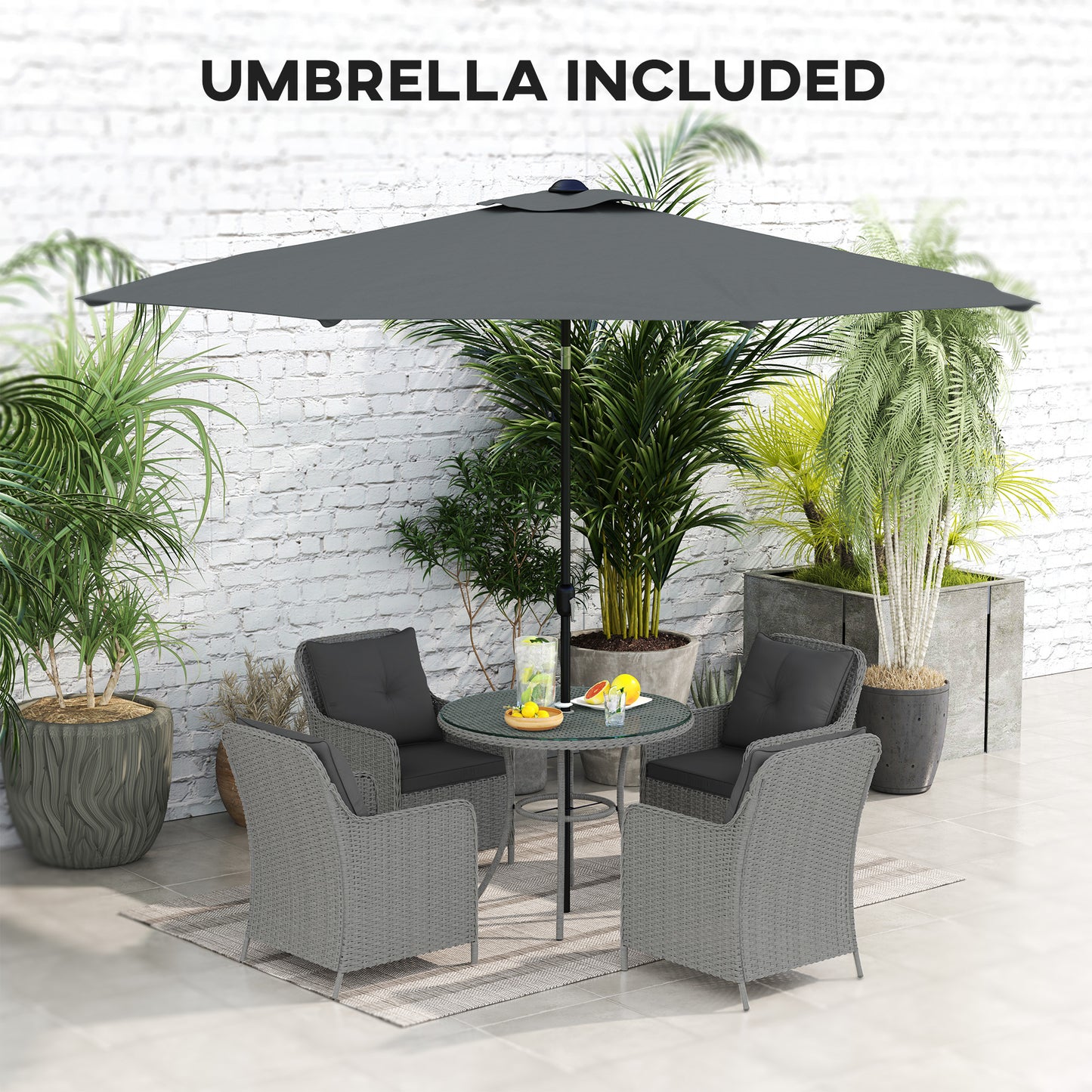 Luxury Rattan Garden Dining Set W/ Parasol, Cushions, Light Grey