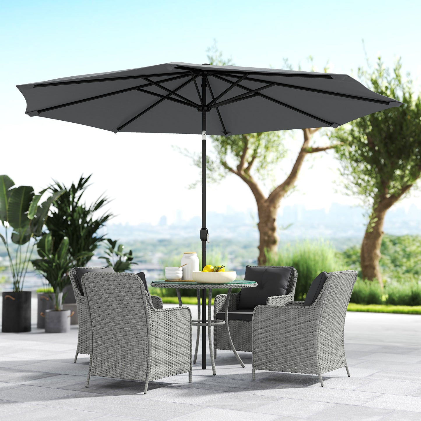 Luxury Rattan Garden Dining Set W/ Parasol, Cushions, Light Grey