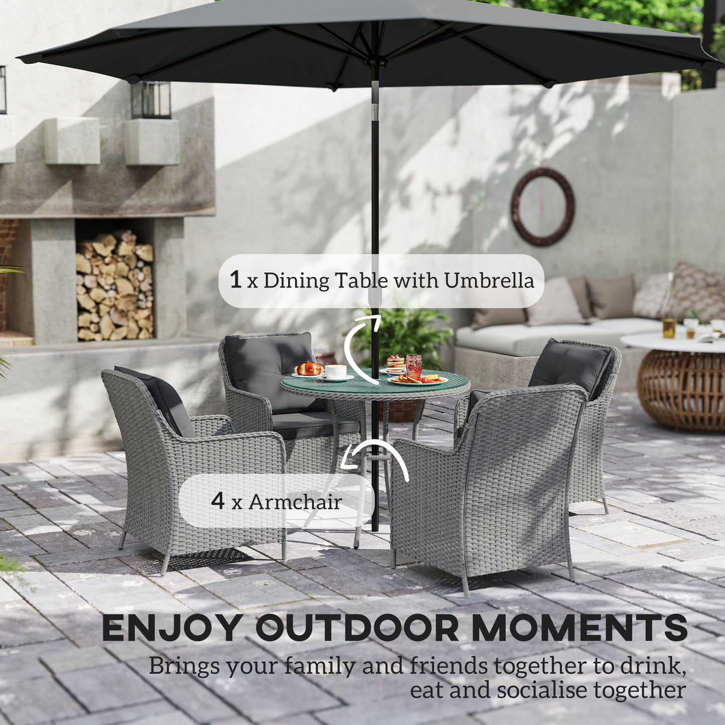 Luxury Rattan Garden Dining Set W/ Parasol, Cushions, Light Grey