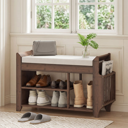 Shoe Bench with Cushioned Seat, Shoe Storage Bench with Side Holder and Boot Section, 2-Tier Natural Bamboo Entryway Rack for Hallway, Living Room, 80 x 30 x 50 cm, Dark Brown and Cream