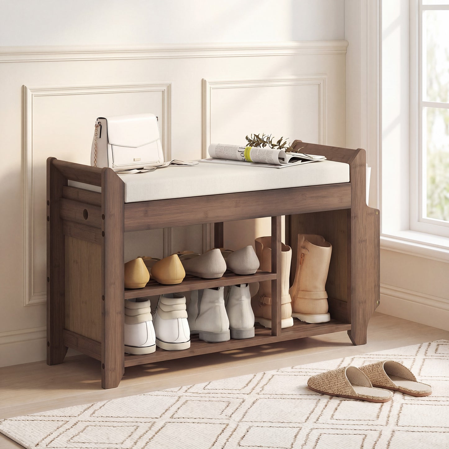 Shoe Bench with Cushioned Seat, Shoe Storage Bench with Side Holder and Boot Section, 2-Tier Natural Bamboo Entryway Rack for Hallway, Living Room, 80 x 30 x 50 cm, Dark Brown and Cream