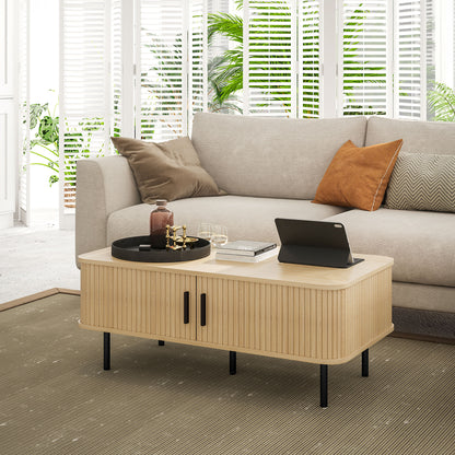 Coffee Table with Storage and Sliding Doors for Living Room, Oak