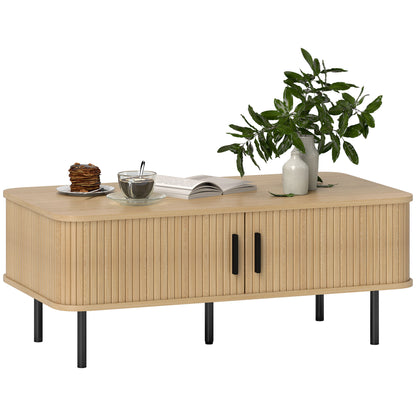 Coffee Table with Storage and Sliding Doors for Living Room, Oak