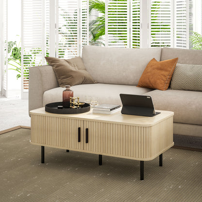 Coffee Table with Storage and Sliding Doors for Living Room, Oak