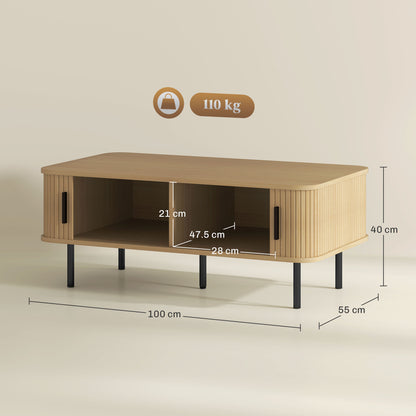 Coffee Table with Storage and Sliding Doors for Living Room, Oak