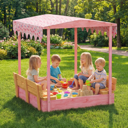Wooden Sandbox with Lid, Canopy, Seat, Bottom Liner, Pink