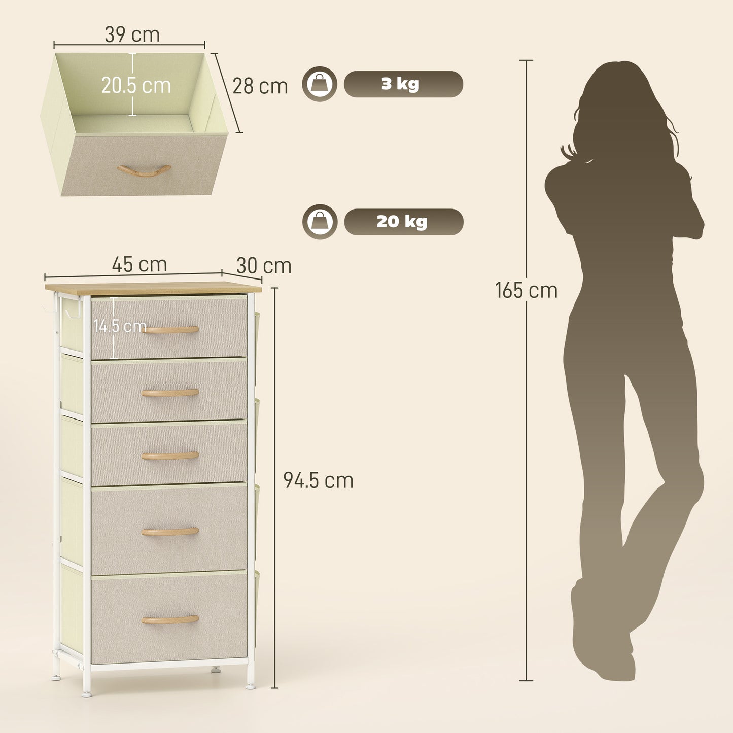 Fabric Chest of Drawers, 5 Drawer Dresser for Bedroom, Beige