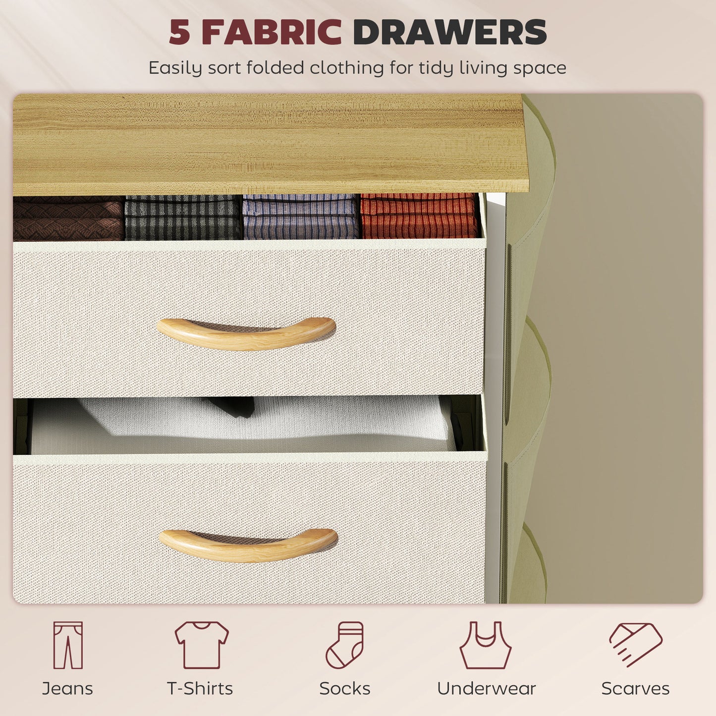 Fabric Chest of Drawers, 5 Drawer Dresser for Bedroom, Beige