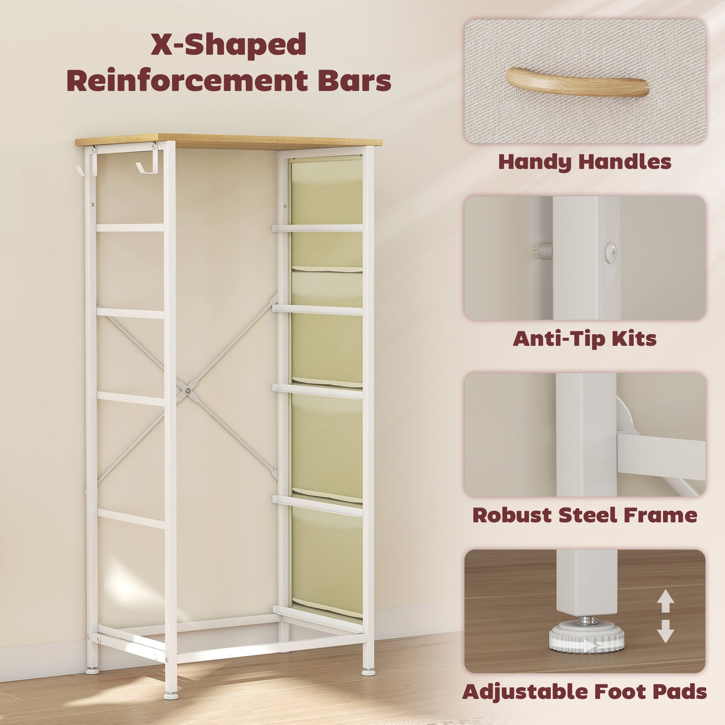 Fabric Chest of Drawers, 5 Drawer Dresser for Bedroom, Beige