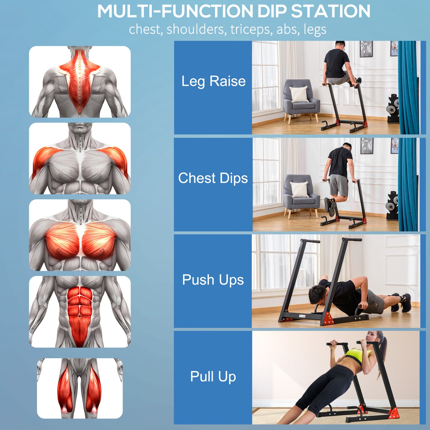 Upper Body Dip Stand Station Workout Equipment for Pull Ups, Push Ups
