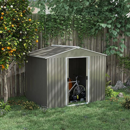 8 x 6ft Outdoor Garden Storage Shed Metal Tool House with Ventilation and Sliding Doors Light Grey