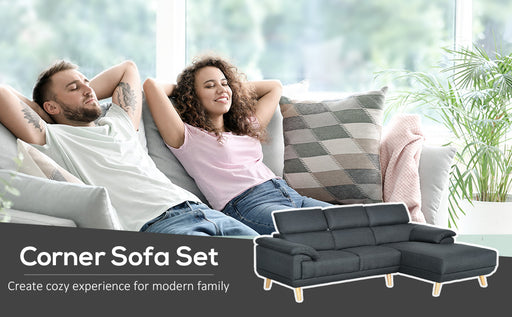 3 Seater Corner Sofas for Living Room with Adjustable Headrest, Fabric L Shaped Sofa Settee, Couch, Dark Grey