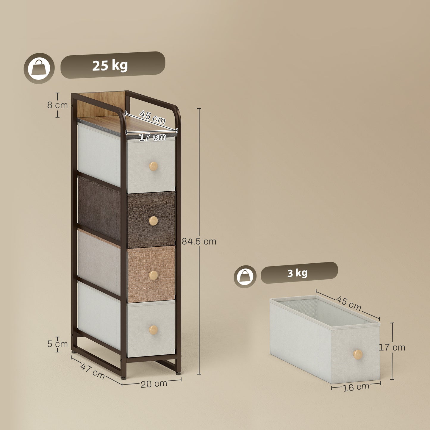 4-Drawer Storage Organiser Unit with Steel Frame, Mixed-Brown