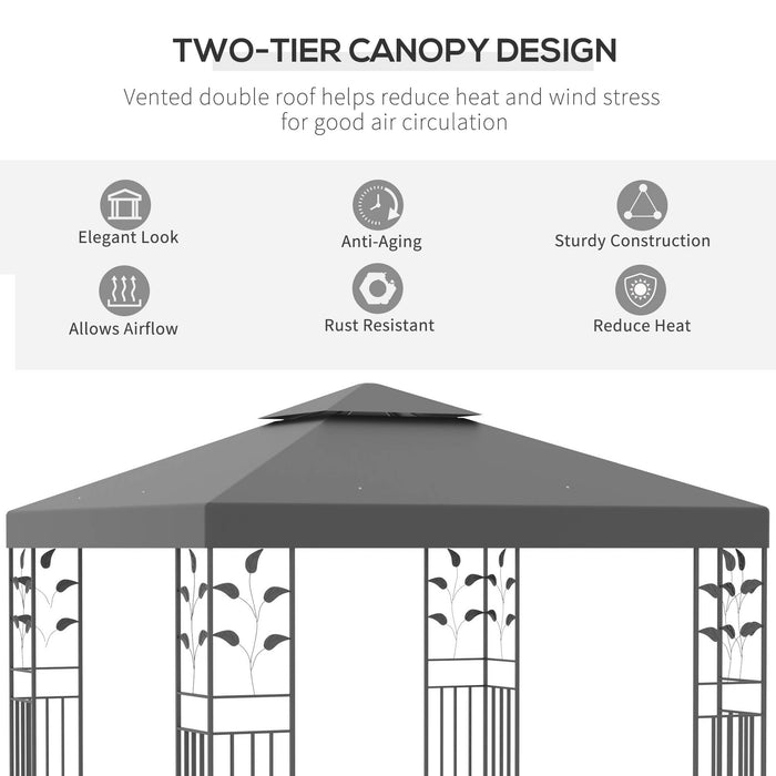 3 x 3m Outdoor Garden Steel Gazebo with 2 Tier Roof, Patio Canopy Marquee Patio Party Tent Canopy Shelter Vented Roof Decorative Frame - Grey