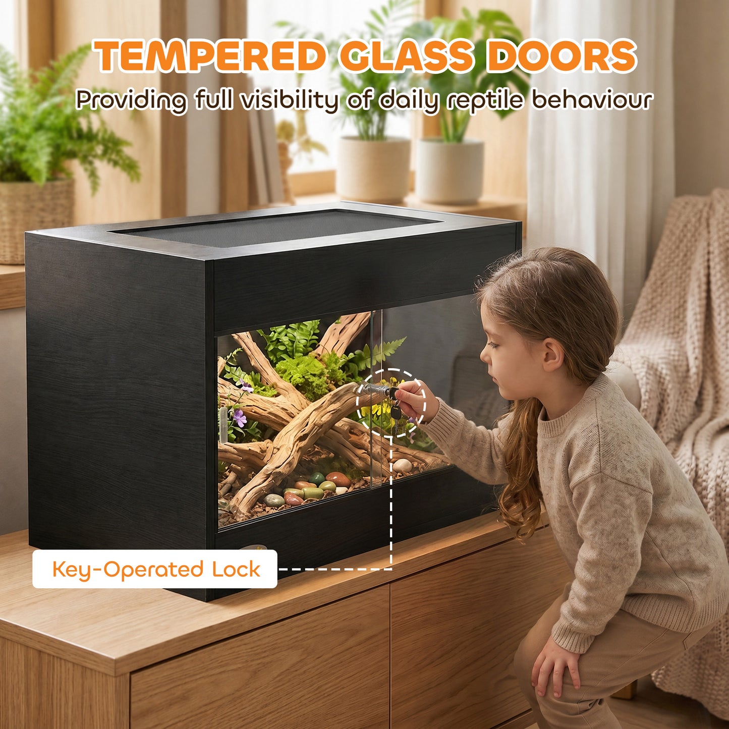 Reptile Vivarium with Sliding Glass Doors and Top Ventilation, Black
