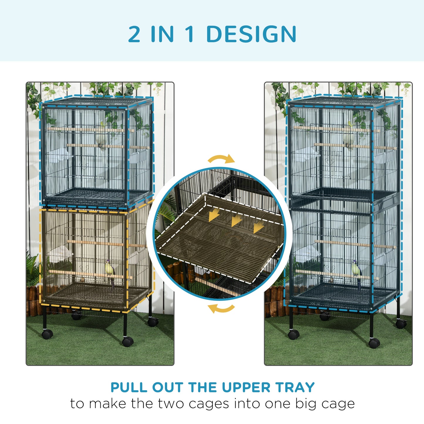 2 In 1 Large Bird Cage Aviary with Wheels, Slide-out Trays Wood Perches