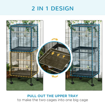 2 In 1 Large Bird Cage Aviary with Wheels, Slide-out Trays Wood Perches