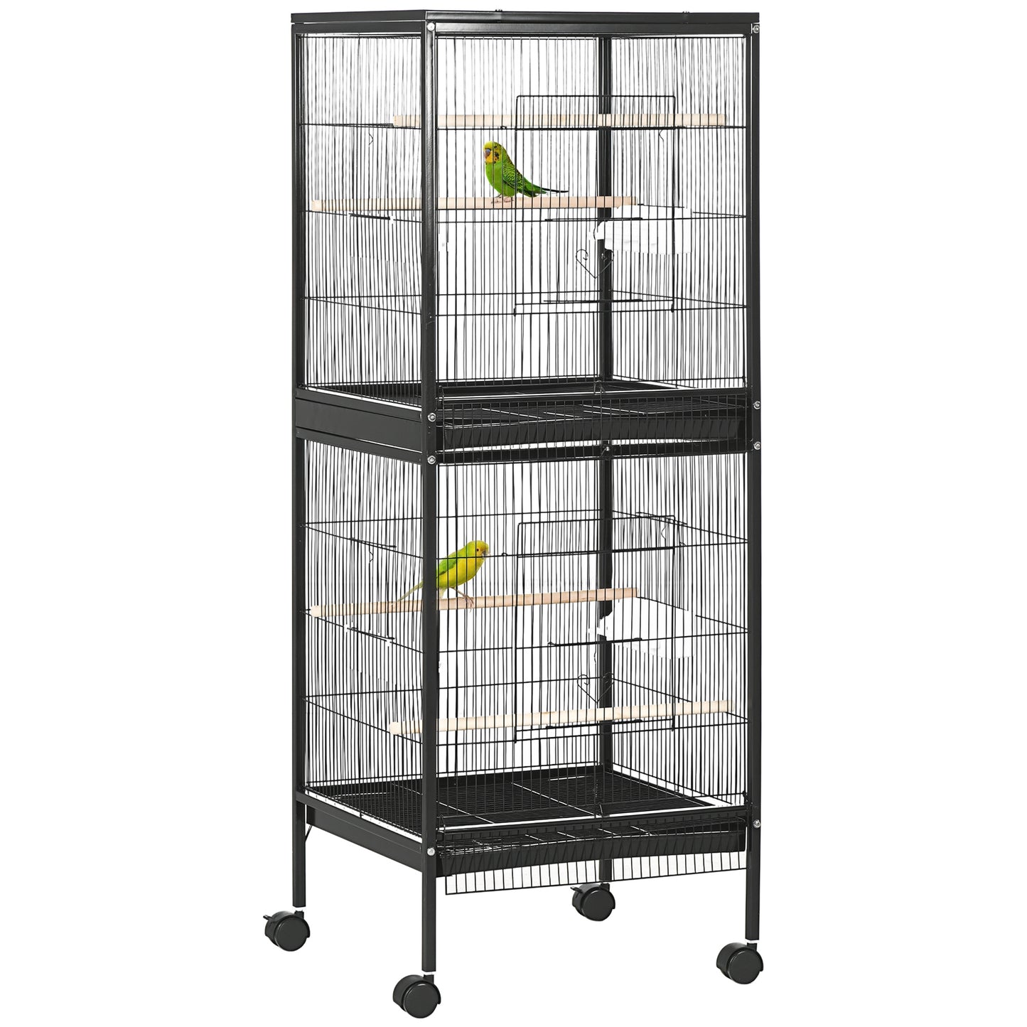 2 In 1 Large Bird Cage Aviary with Wheels, Slide-out Trays Wood Perches