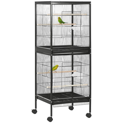 2 In 1 Large Bird Cage Aviary with Wheels, Slide-out Trays Wood Perches