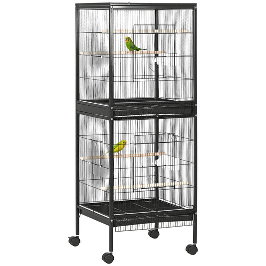 2 In 1 Large Bird Cage Aviary with Wheels, Slide-out Trays Wood Perches