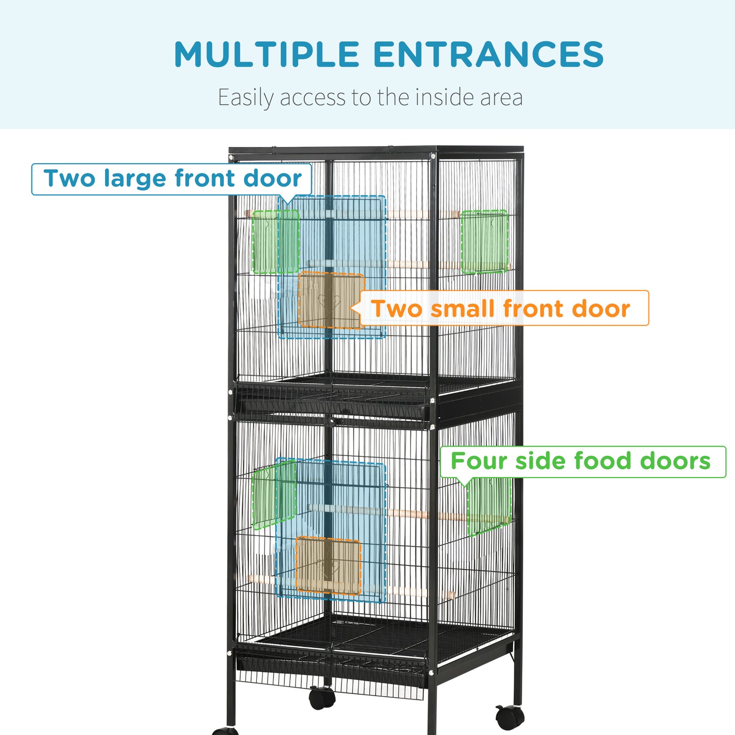 2 In 1 Large Bird Cage Aviary with Wheels, Slide-out Trays Wood Perches