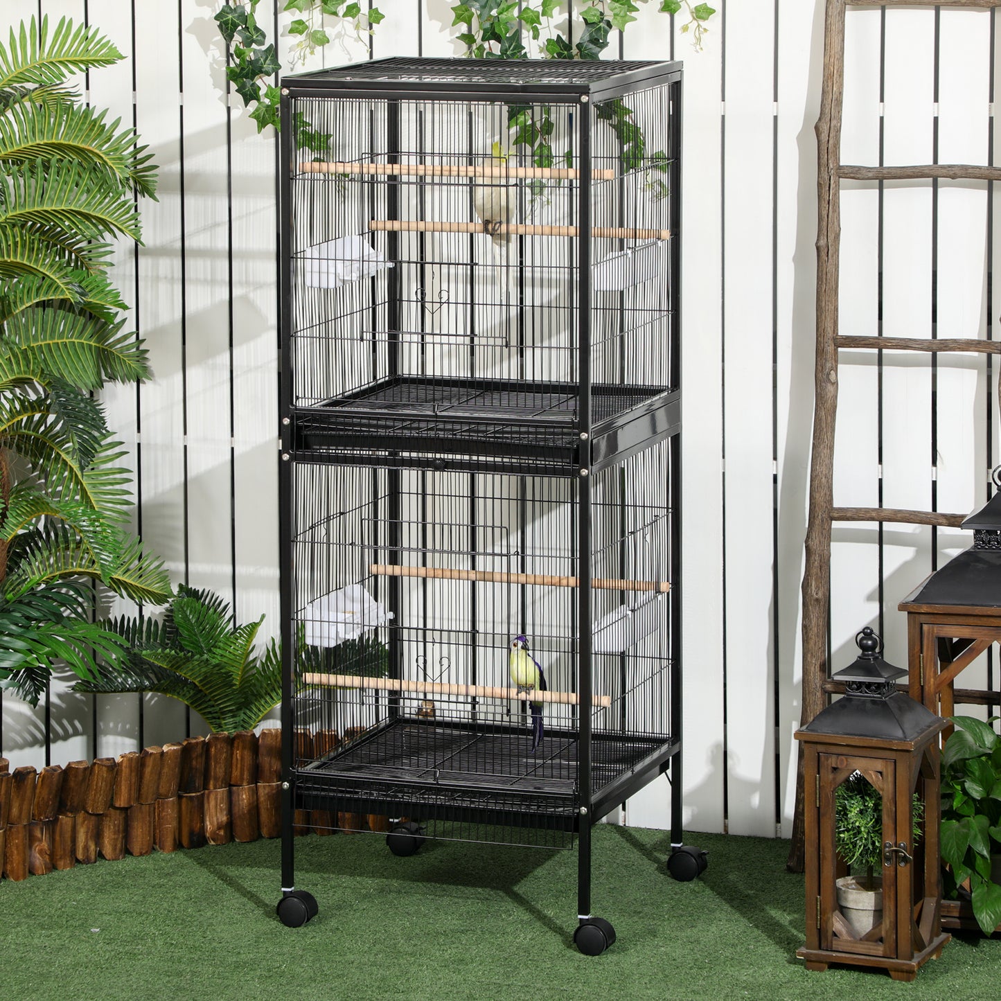 2 In 1 Large Bird Cage Aviary with Wheels, Slide-out Trays Wood Perches
