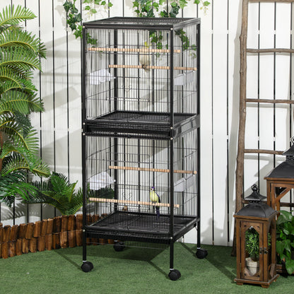 2 In 1 Large Bird Cage Aviary with Wheels, Slide-out Trays Wood Perches