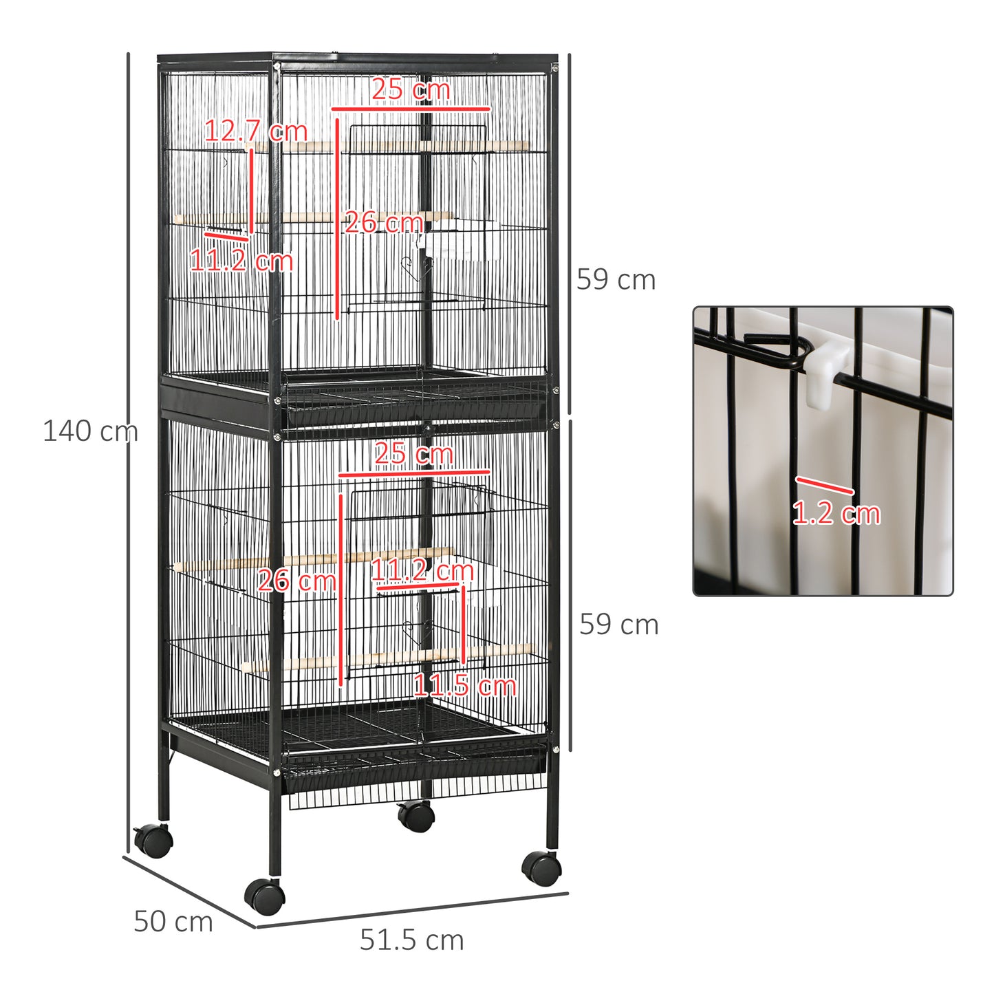 2 In 1 Large Bird Cage Aviary with Wheels, Slide-out Trays Wood Perches