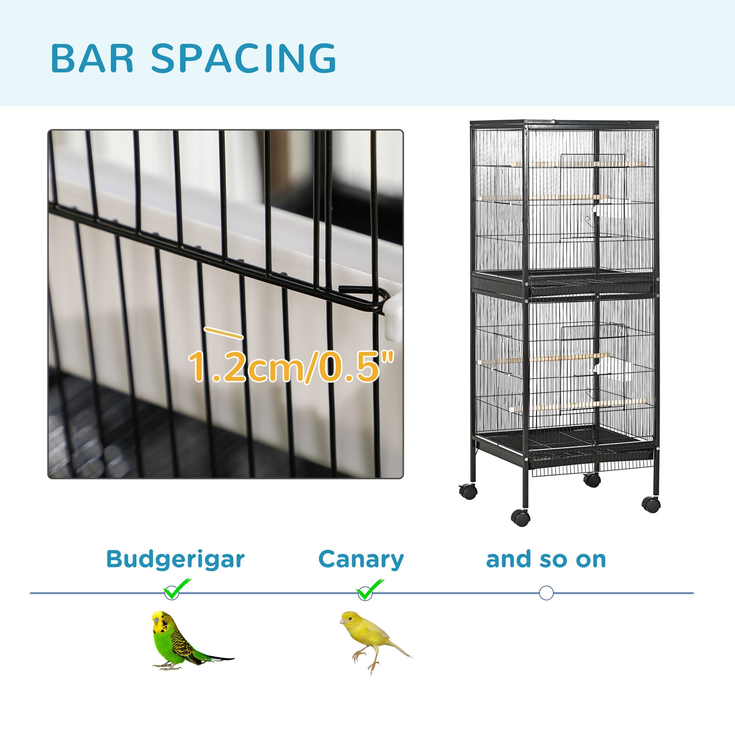 2 In 1 Large Bird Cage Aviary with Wheels, Slide-out Trays Wood Perches
